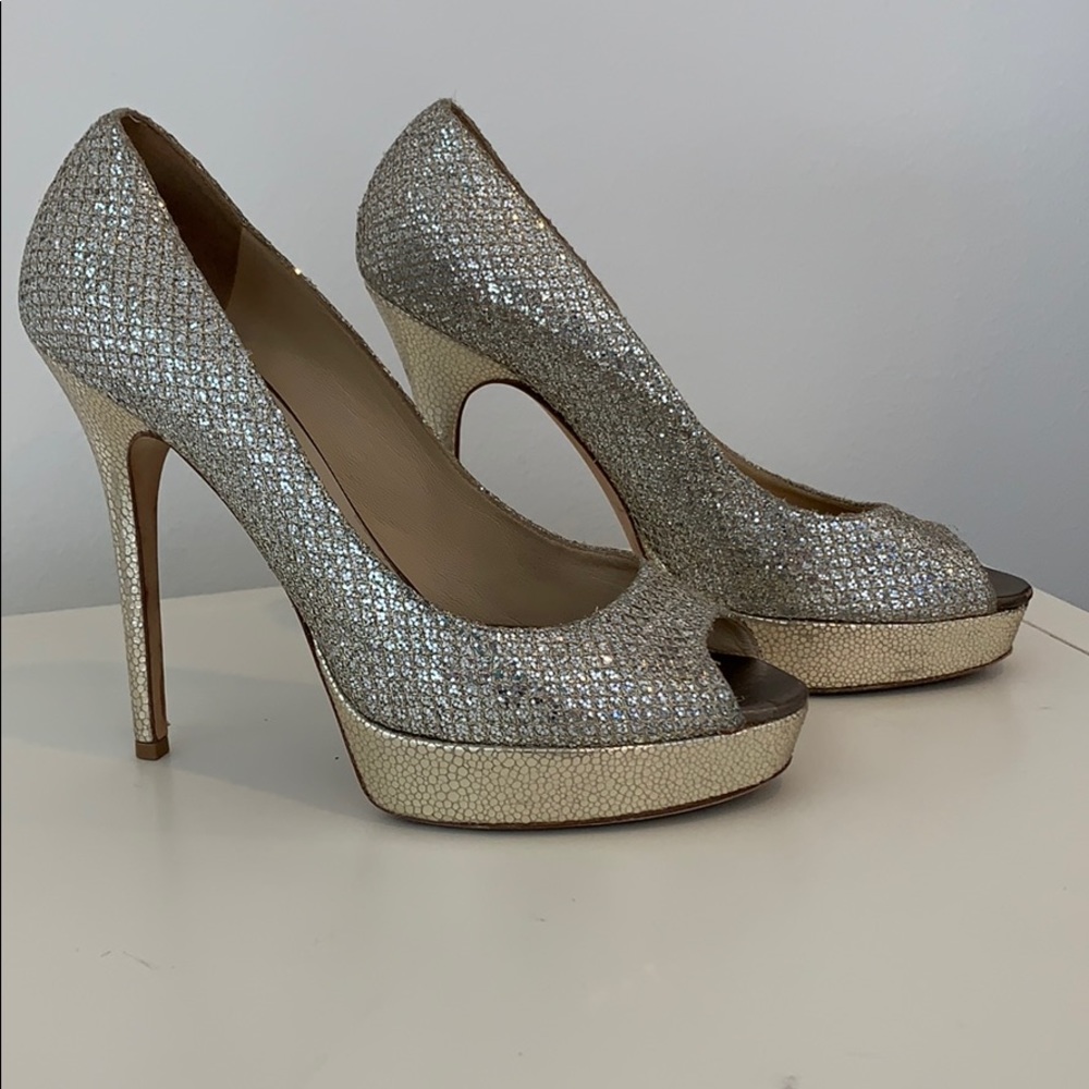 Jimmy Choo 40 sparkle platform peep toe